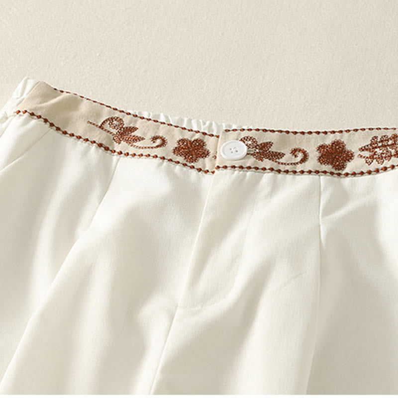 Buddha Stonesレディース 刺繍 伸縮性ウエストバンド ジッパーデザイン コットン ワイドレッグパンツ ポケット付き - image 4