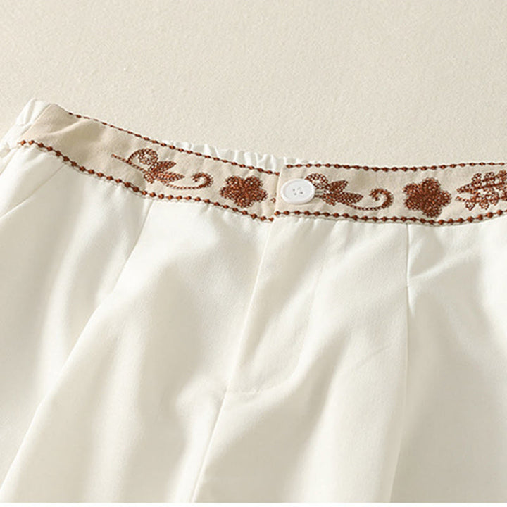 Buddha Stonesレディース 刺繍 伸縮性ウエストバンド ジッパーデザイン コットン ワイドレッグパンツ ポケット付き - image 4