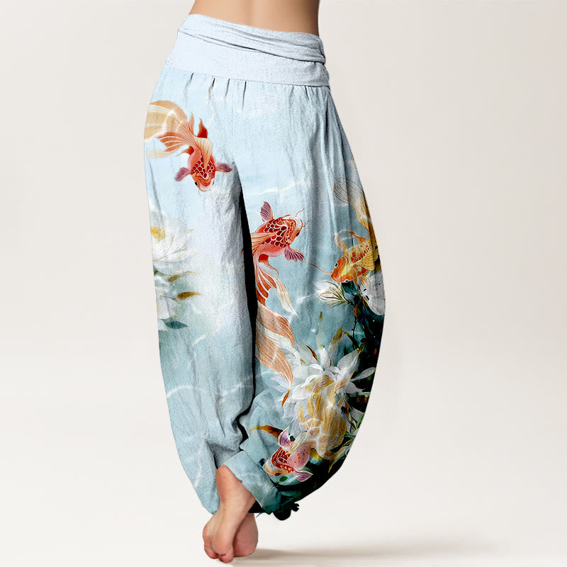 Buddha Stones純綿 ライトカラー鯉蓮の花柄 レディース 伸縮性ウエスト ハーレムパンツ - image 1