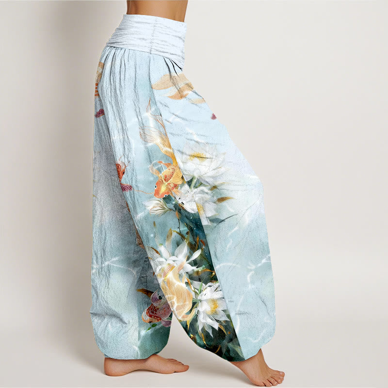 Buddha Stones純綿 ライトカラー鯉蓮の花柄 レディース 伸縮性ウエスト ハーレムパンツ - image 2