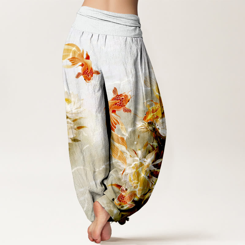 Buddha Stones純綿 ライトカラー鯉蓮の花柄 レディース 伸縮性ウエスト ハーレムパンツ - image 6