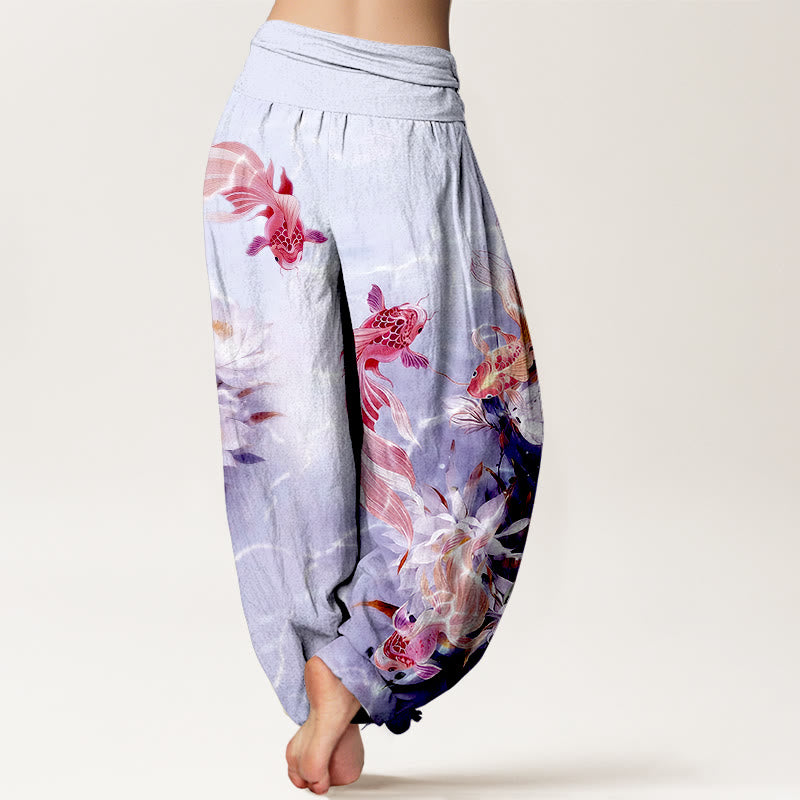 Buddha Stones純綿 ライトカラー鯉蓮の花柄 レディース 伸縮性ウエスト ハーレムパンツ - image 9