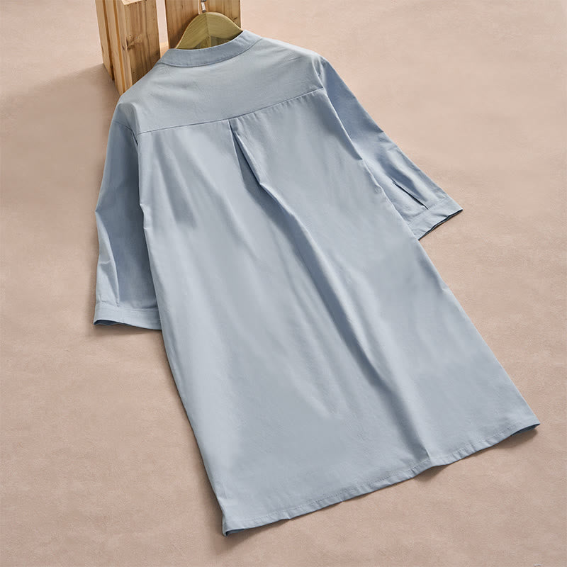 Buddha Stones秋 無地 ボタンデザイン 七分袖 コットン レディース シャツ ポケット付き - image 1