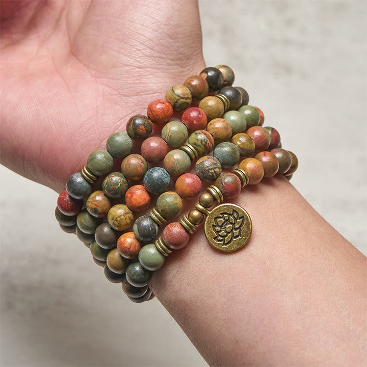 Buddha Stonesレトロ 蓮のシンボル チャーム ラウンドビーズ レッドターコイズ ウォームマーラー数珠 - image 3