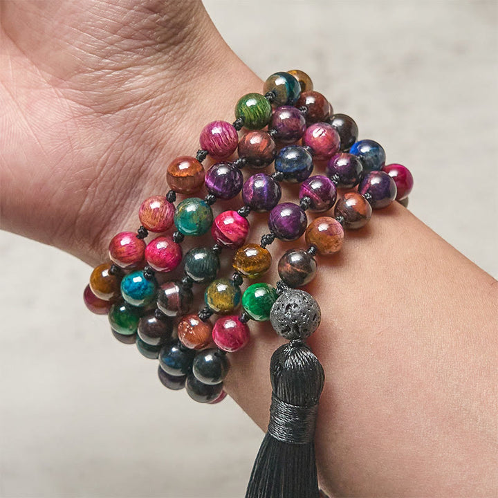 Buddha Stonesマルチカラー イエロータイガーアイ グリーンタイガーアイ ブルータイガーアイ レッドタイガーアイ ビーズタッセル 強さマーラー数珠 - image 2