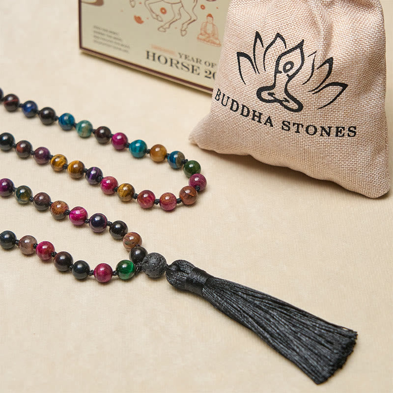 Buddha Stonesマルチカラー イエロータイガーアイ グリーンタイガーアイ ブルータイガーアイ レッドタイガーアイ ビーズタッセル 強さマーラー数珠 - image 3
