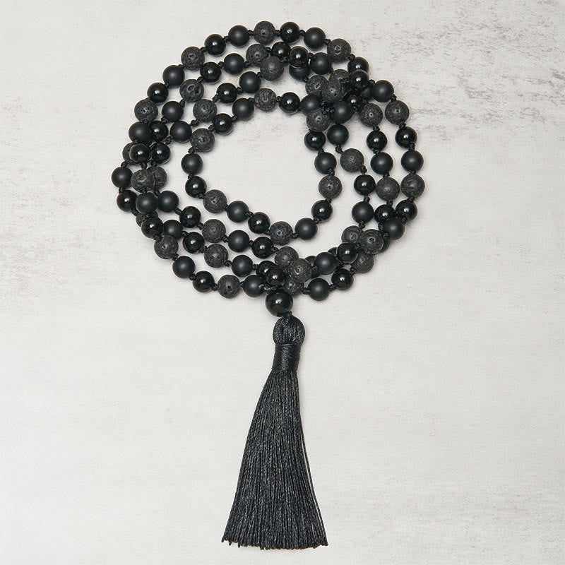 Buddha Stones8mmビーズ ブラックオニキス 溶岩石 タッセル 守護幸運繁栄マーラー数珠 - image 1