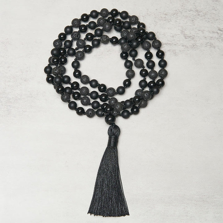 Buddha Stones8mmビーズ ブラックオニキス 溶岩石 タッセル 守護幸運繁栄マーラー数珠 - image 1