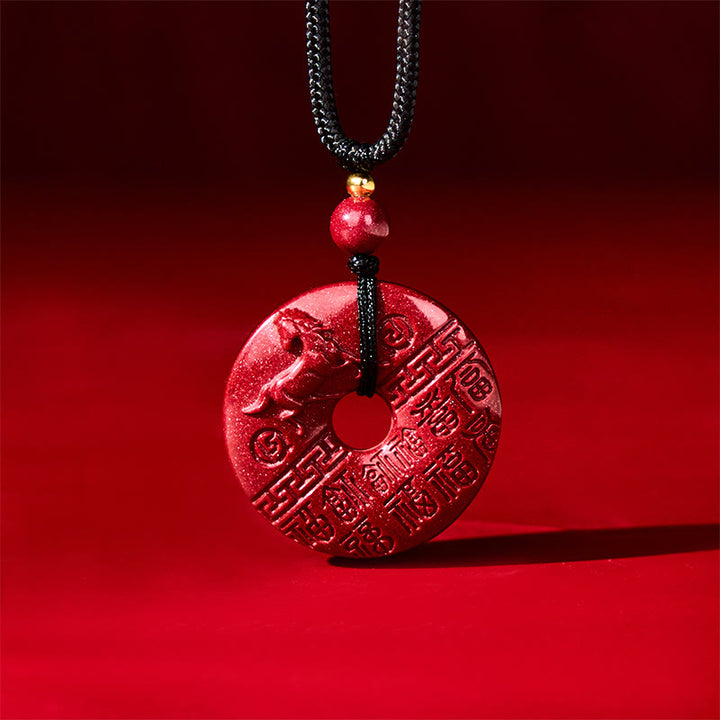 Buddha Stones午年 彫刻 福文字平和のお守りチャームデザイン 辰砂良縁祈願の良いネックレスペンダント - image 1