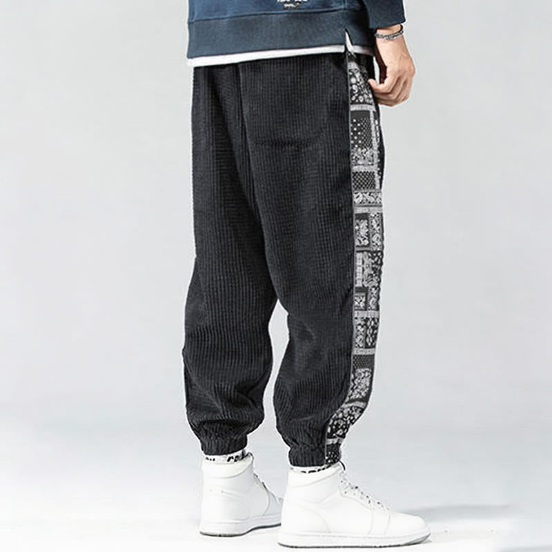 Buddha Stones秋冬 無地 ドローストリング サイドペイズリー柄 ストレートレッグ 足首丈 コーデュロイ メンズパンツ ポケット付き - image 3