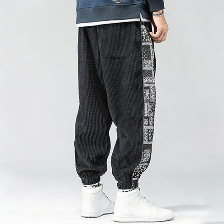 Buddha Stones秋冬 無地 ドローストリング サイドペイズリー柄 ストレートレッグ 足首丈 コーデュロイ メンズパンツ ポケット付き - image 3
