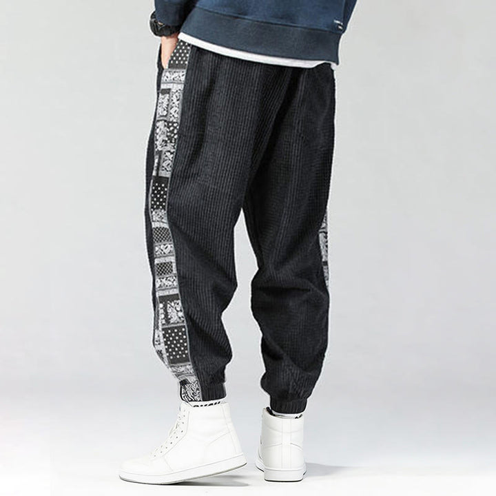 Buddha Stones秋冬 無地 ドローストリング サイドペイズリー柄 ストレートレッグ 足首丈 コーデュロイ メンズパンツ ポケット付き - image 4