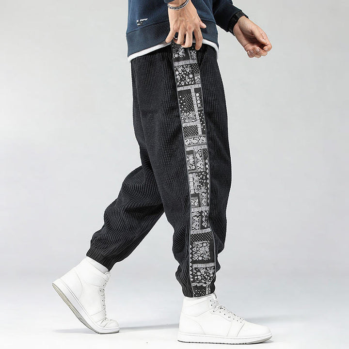 Buddha Stones秋冬 無地 ドローストリング サイドペイズリー柄 ストレートレッグ 足首丈 コーデュロイ メンズパンツ ポケット付き - image 5