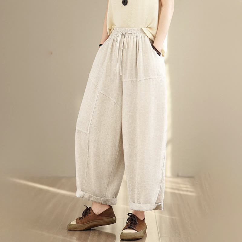 Buddha Stonesレディース 秋冬 無地 ドローストリング コットンリネン 7-8丈パンツ ポケット付き - image 2