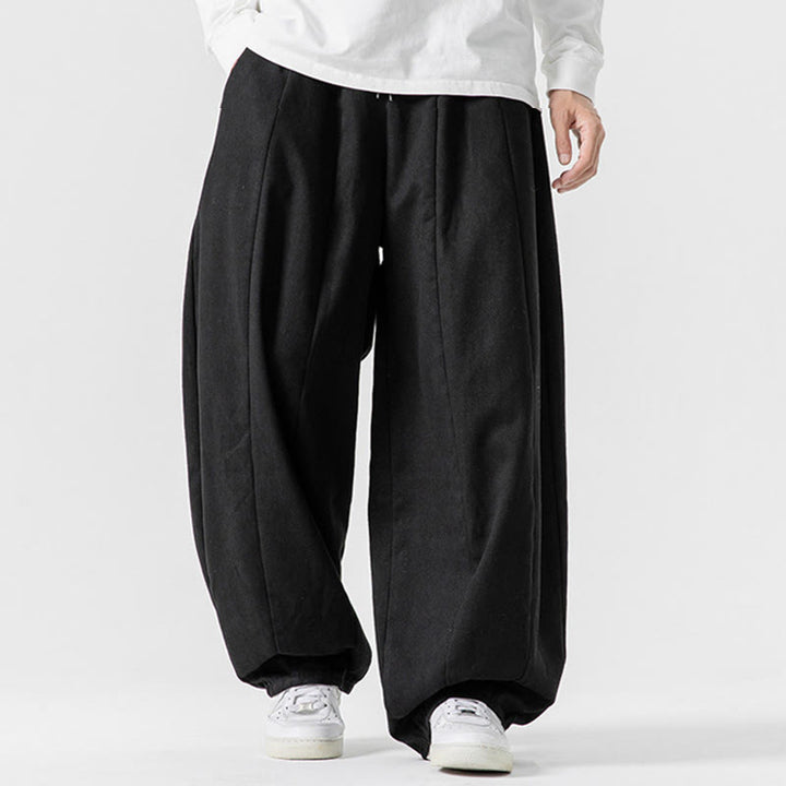 Buddha Stones冬用通勤 無地 ドローストリングデザイン メンズ ワイドレッグ コットンパンツ ポケット付き - image 43