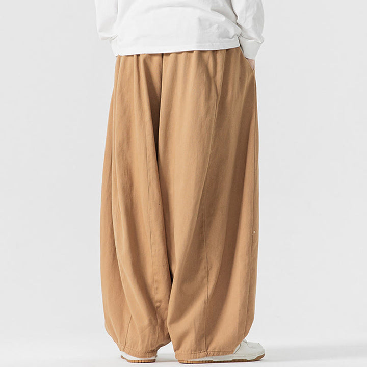 Buddha Stones冬用通勤 無地 ドローストリングデザイン メンズ ワイドレッグ コットンパンツ ポケット付き - image 10