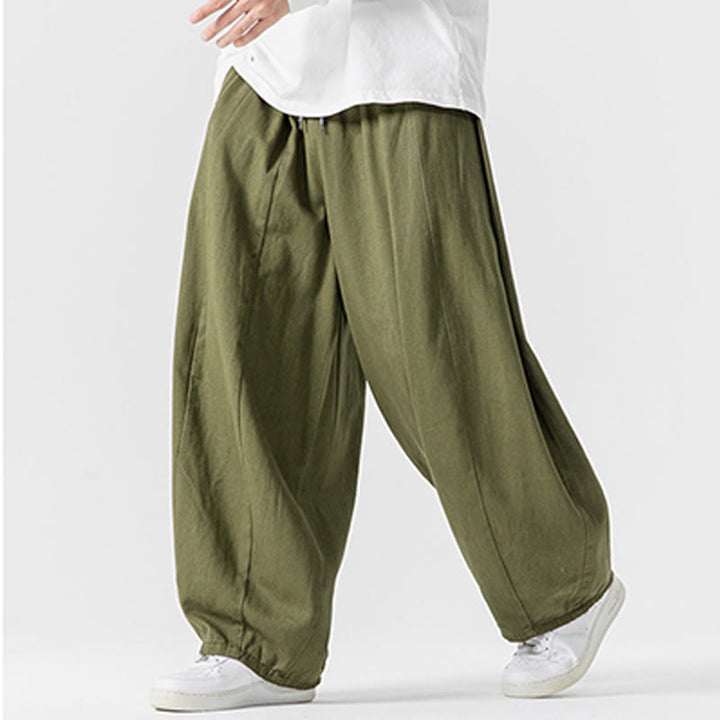 Buddha Stones冬用通勤 無地 ドローストリングデザイン メンズ ワイドレッグ コットンパンツ ポケット付き - image 23