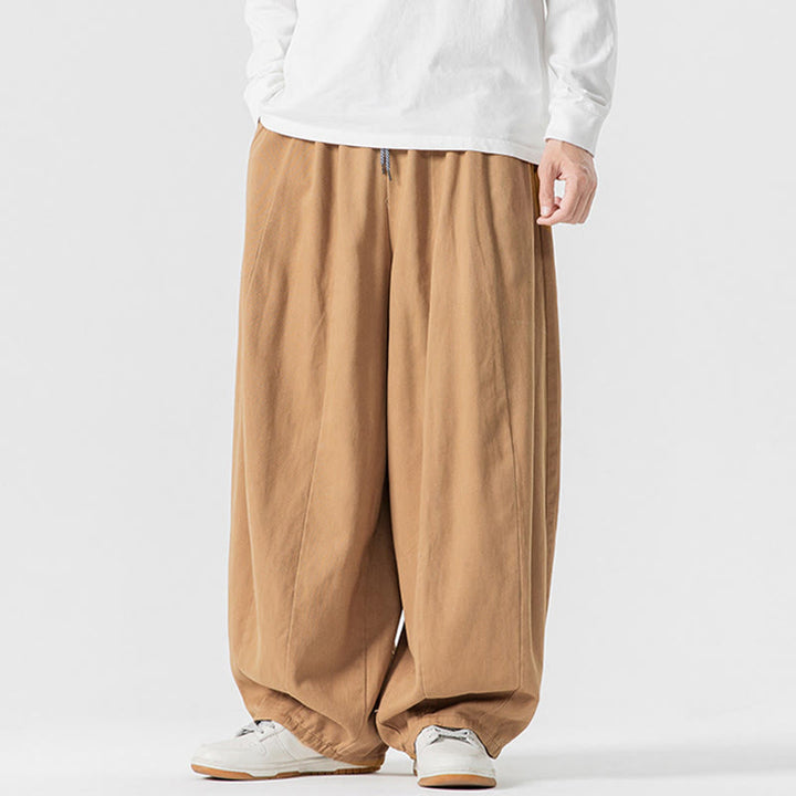 Buddha Stones冬用通勤 無地 ドローストリングデザイン メンズ ワイドレッグ コットンパンツ ポケット付き - image 9