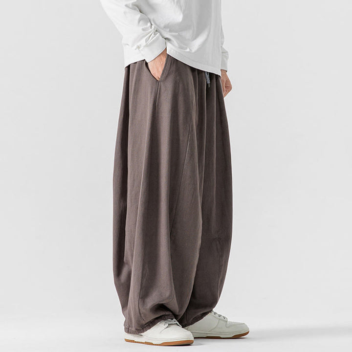 Buddha Stones冬用通勤 無地 ドローストリングデザイン メンズ ワイドレッグ コットンパンツ ポケット付き - image 28