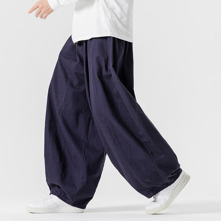 Buddha Stones冬用通勤 無地 ドローストリングデザイン メンズ ワイドレッグ コットンパンツ ポケット付き - image 6