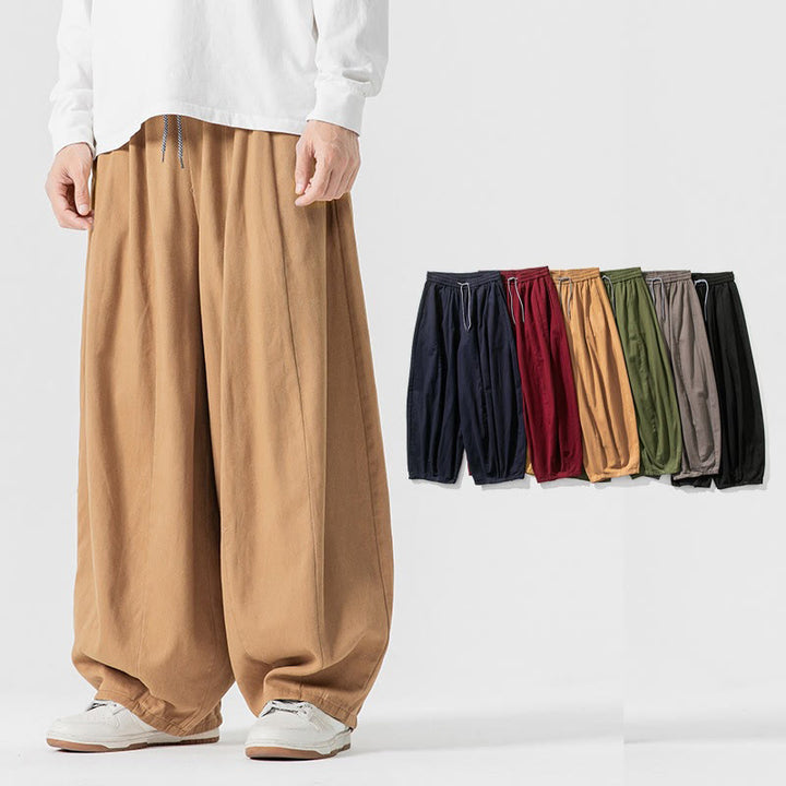 Buddha Stones冬用通勤 無地 ドローストリングデザイン メンズ ワイドレッグ コットンパンツ ポケット付き - image 16