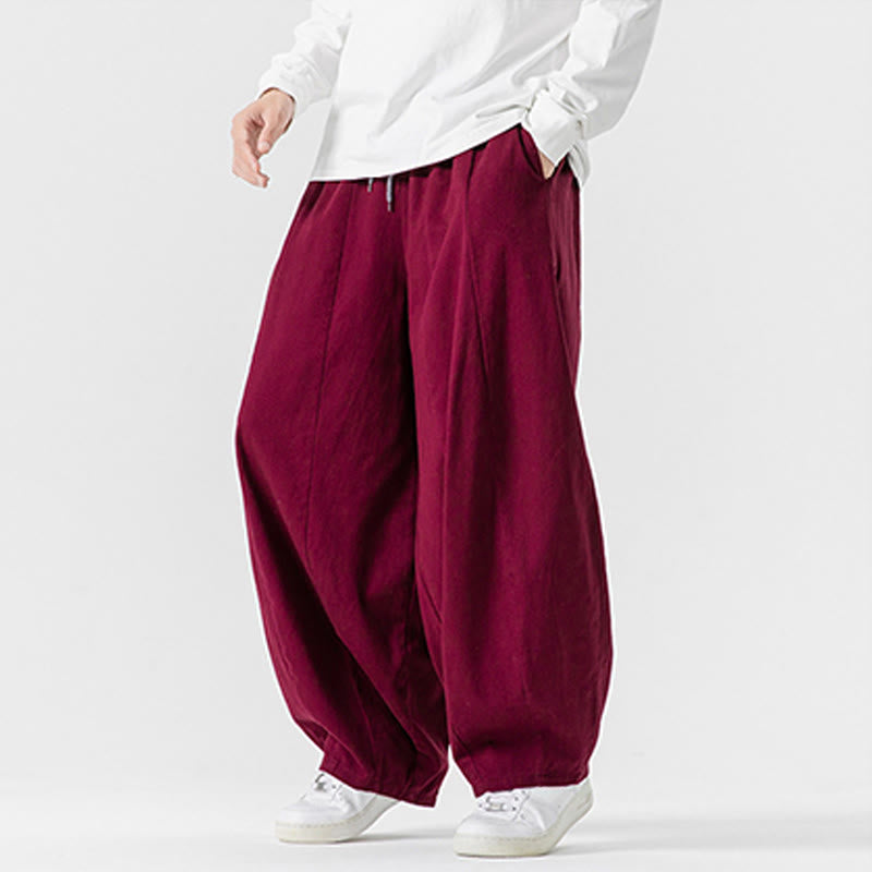 Buddha Stones冬用通勤 無地 ドローストリングデザイン メンズ ワイドレッグ コットンパンツ ポケット付き - image 35