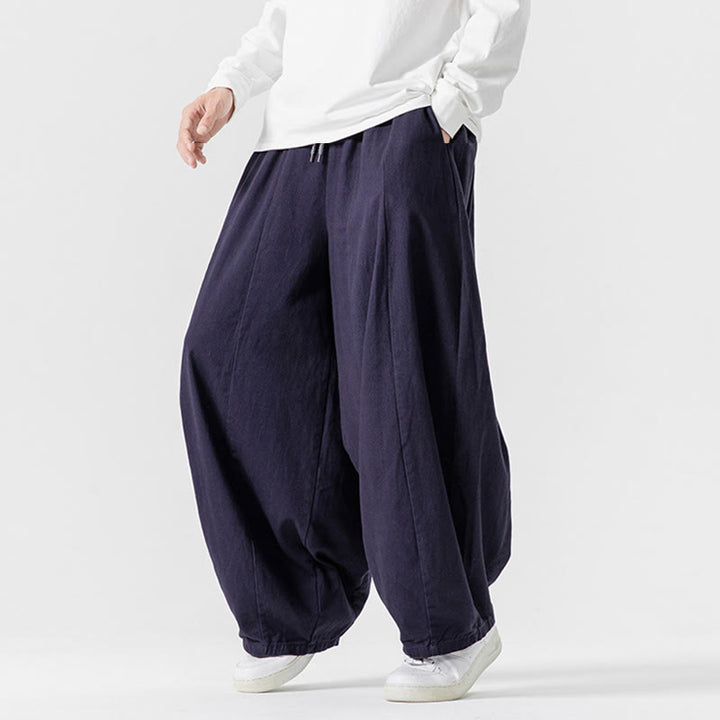 Buddha Stones冬用通勤 無地 ドローストリングデザイン メンズ ワイドレッグ コットンパンツ ポケット付き - image 7