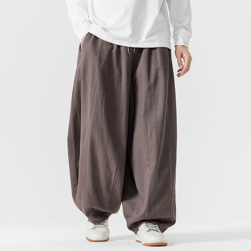 Buddha Stones冬用通勤 無地 ドローストリングデザイン メンズ ワイドレッグ コットンパンツ ポケット付き - image 25