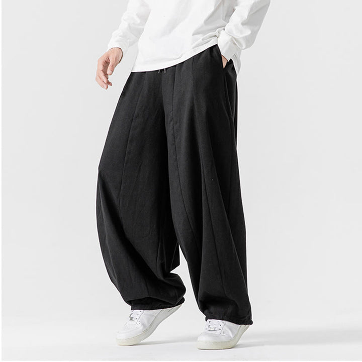 Buddha Stones冬用通勤 無地 ドローストリングデザイン メンズ ワイドレッグ コットンパンツ ポケット付き - image 42