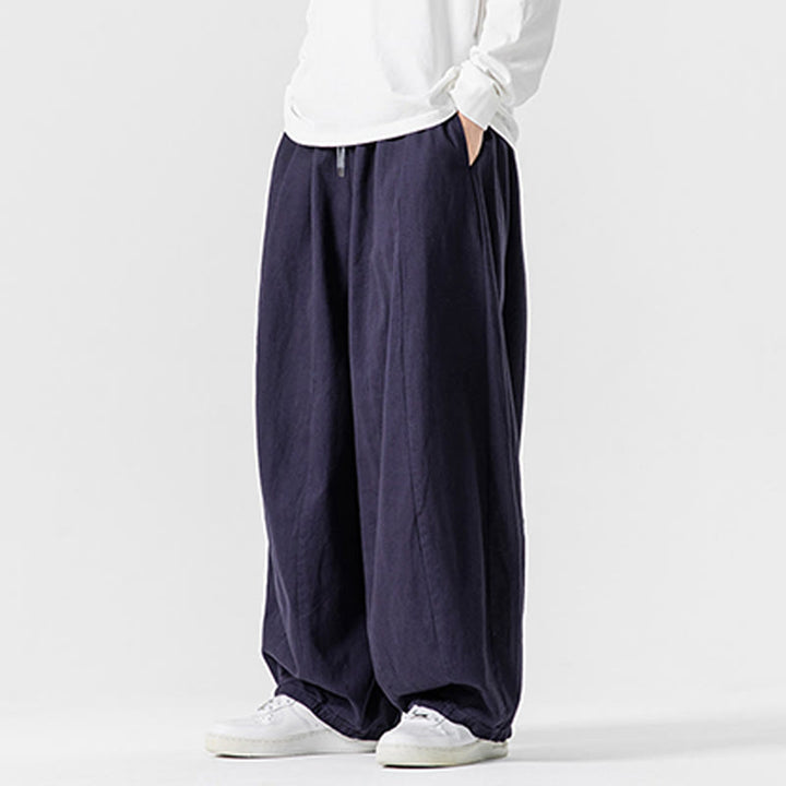 Buddha Stones冬用通勤 無地 ドローストリングデザイン メンズ ワイドレッグ コットンパンツ ポケット付き - image 4