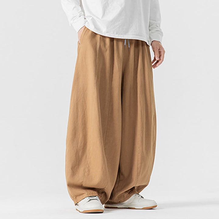 Buddha Stones冬用通勤 無地 ドローストリングデザイン メンズ ワイドレッグ コットンパンツ ポケット付き - image 12