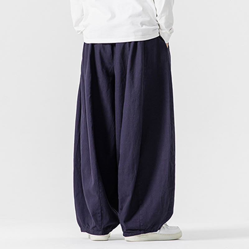 Buddha Stones冬用通勤 無地 ドローストリングデザイン メンズ ワイドレッグ コットンパンツ ポケット付き - image 5