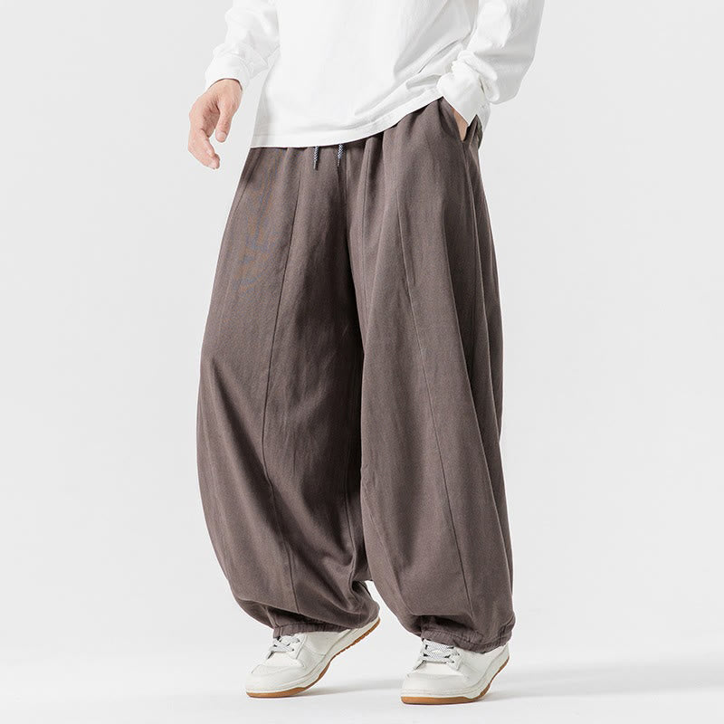 Buddha Stones冬用通勤 無地 ドローストリングデザイン メンズ ワイドレッグ コットンパンツ ポケット付き - image 29