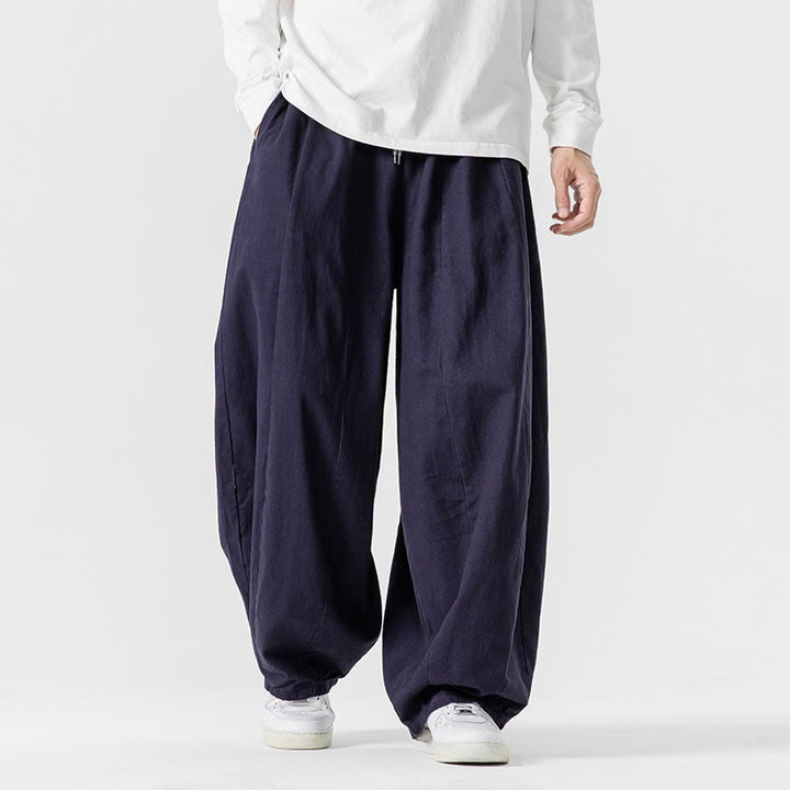 Buddha Stones冬用通勤 無地 ドローストリングデザイン メンズ ワイドレッグ コットンパンツ ポケット付き - image 0