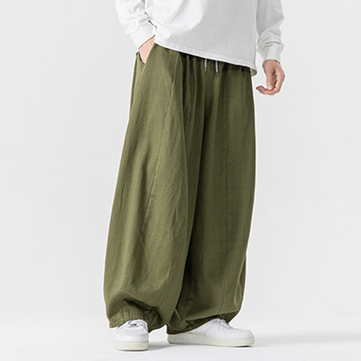 Buddha Stones冬用通勤 無地 ドローストリングデザイン メンズ ワイドレッグ コットンパンツ ポケット付き - image 21