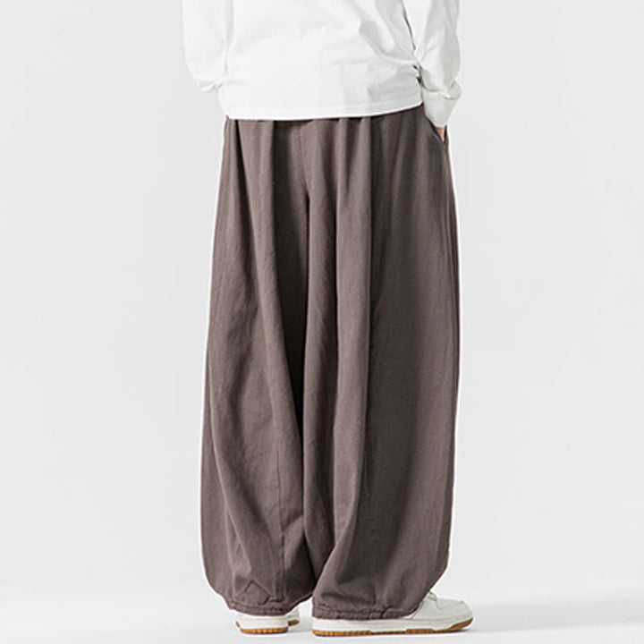 Buddha Stones冬用通勤 無地 ドローストリングデザイン メンズ ワイドレッグ コットンパンツ ポケット付き - image 26