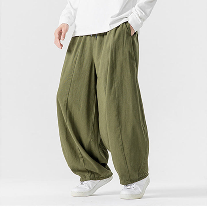 Buddha Stones冬用通勤 無地 ドローストリングデザイン メンズ ワイドレッグ コットンパンツ ポケット付き - image 22