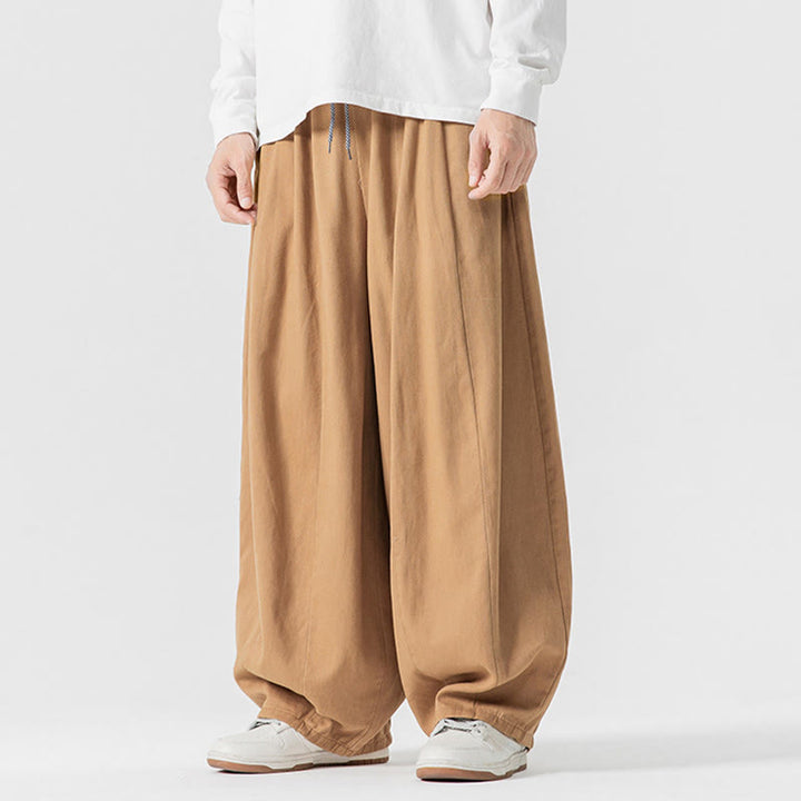 Buddha Stones冬用通勤 無地 ドローストリングデザイン メンズ ワイドレッグ コットンパンツ ポケット付き - image 11