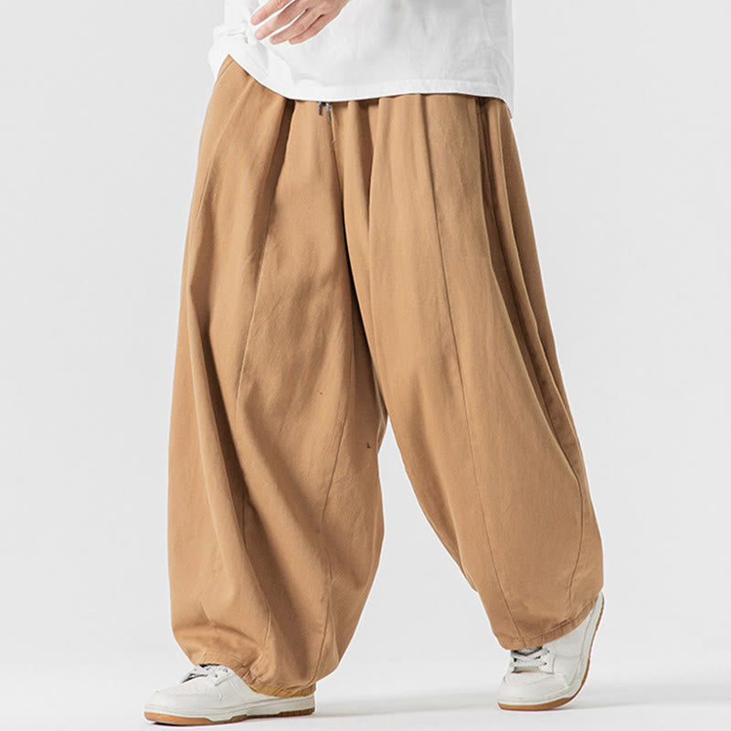 Buddha Stones冬用通勤 無地 ドローストリングデザイン メンズ ワイドレッグ コットンパンツ ポケット付き - image 15