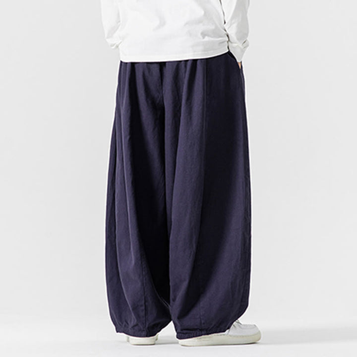 Buddha Stones冬用通勤 無地 ドローストリングデザイン メンズ ワイドレッグ コットンパンツ ポケット付き - image 5