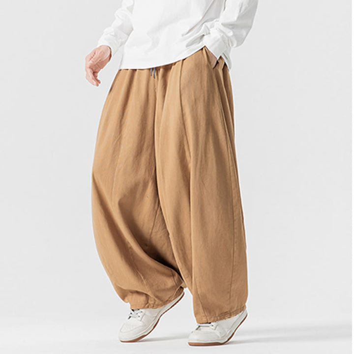 Buddha Stones冬用通勤 無地 ドローストリングデザイン メンズ ワイドレッグ コットンパンツ ポケット付き - image 13
