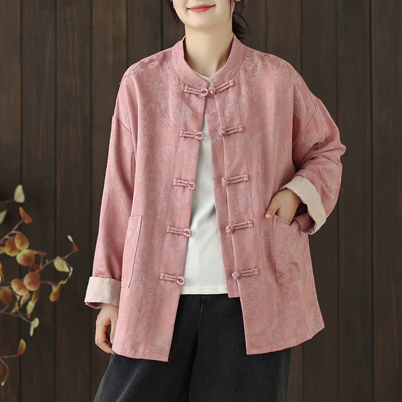 Buddha Stones秋の花柄プリント カエルボタン スタンドカラー 長袖 レディース コットンシャツ - ピンク - US8-10，UK/AU12-14，EU40-42 (2XL) - image 0