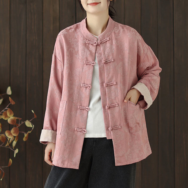 Buddha Stones秋の花柄プリント カエルボタン スタンドカラー 長袖 レディース コットンシャツ - ピンク - US8-10，UK/AU12-14，EU40-42 (2XL) - image 0