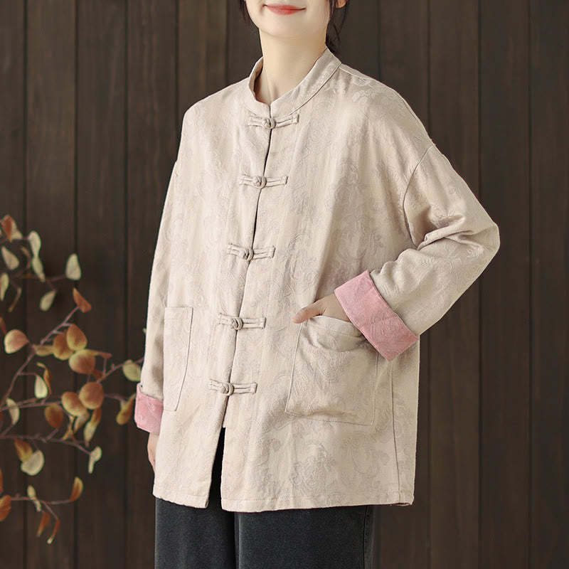 Buddha Stones秋の花柄プリント カエルボタン スタンドカラー 長袖 レディース コットンシャツ - ベージュ - US8-10，UK/AU12-14，EU40-42 (2XL) - image 14