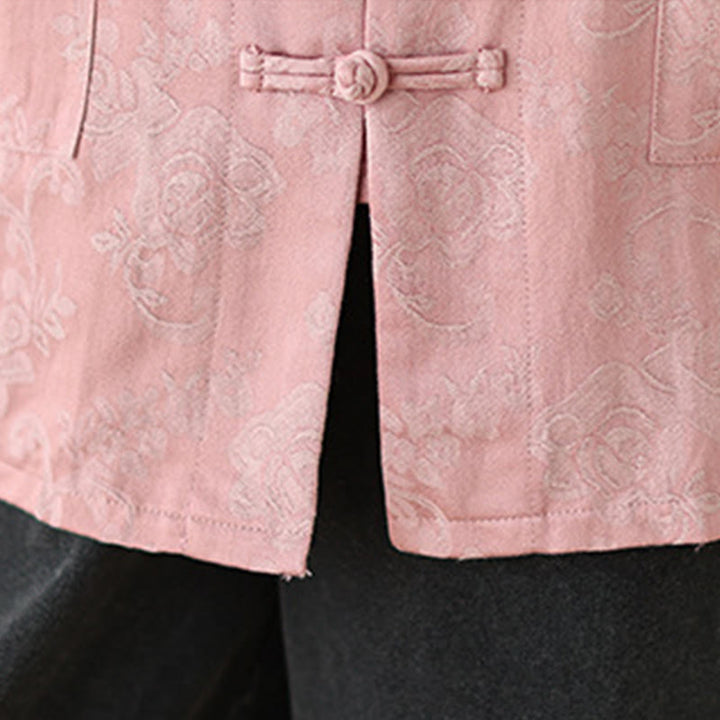 Buddha Stones秋の花柄プリント カエルボタン スタンドカラー 長袖 レディース コットンシャツ - image 9