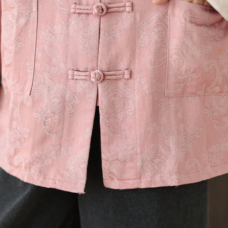 Buddha Stones秋の花柄プリント カエルボタン スタンドカラー 長袖 レディース コットンシャツ - image 8