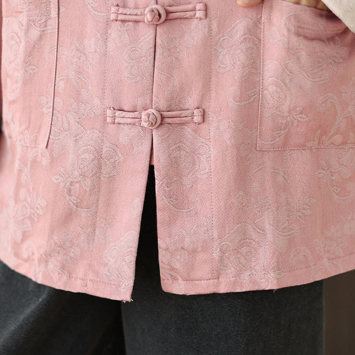 Buddha Stones秋の花柄プリント カエルボタン スタンドカラー 長袖 レディース コットンシャツ - image 8