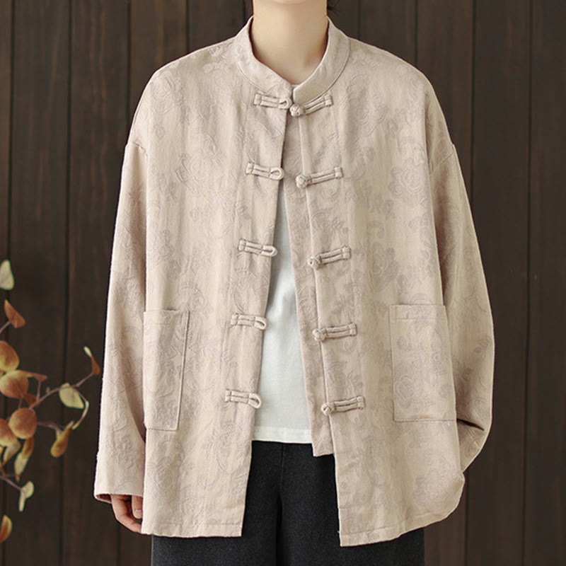 Buddha Stones秋の花柄プリント カエルボタン スタンドカラー 長袖 レディース コットンシャツ - image 17