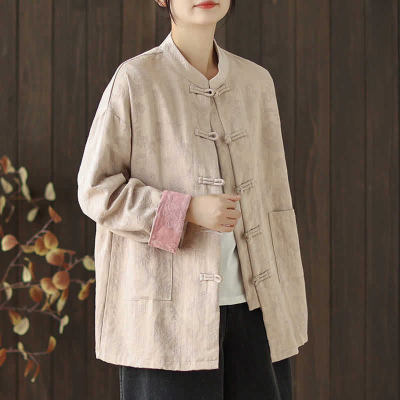 Buddha Stones秋の花柄プリント カエルボタン スタンドカラー 長袖 レディース コットンシャツ - image 15