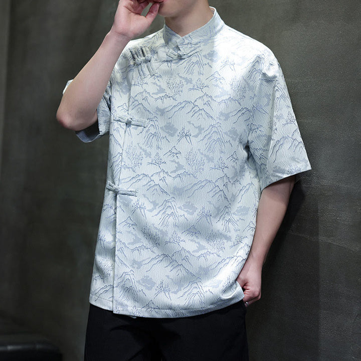 Buddha Stones夏 山柄 ジャカード 中国風 カエルボタン コットン 半袖 メンズシャツ - ライトシアン - US/UK/AU42、 EU52 (3XL) - image 7